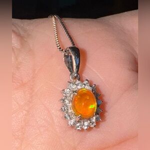 New w Cert Mexican Fire Opal Diamond pendant in platinum & adj 16-18” necklace